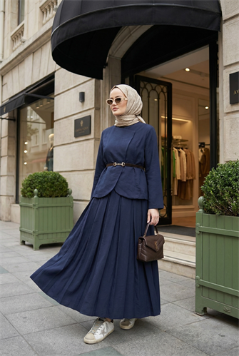 Kupra Kumaş Kemerli Ceket Etek Üçlü Takım – Lacivert