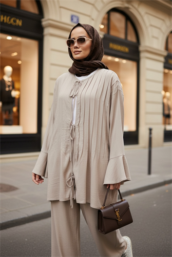 Rahat Ham Keten İkili Takım - Pileli Geniş Kol Tunik Takım Vizon