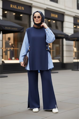Liora Kadın Tesettür İkili Takım – Pamuklu İki İplik Gömlek Detaylı-Lacivert