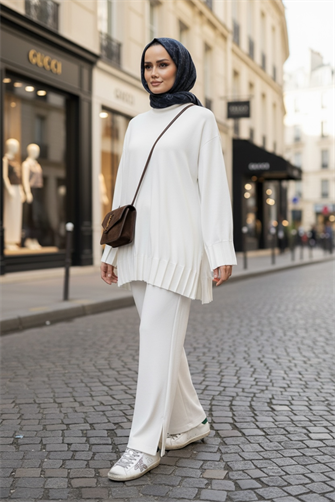 Alisa Pileli Premium Modal  Kumaş Tesettür İkili Takım – Ekru