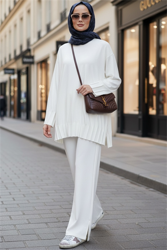 Alisa Pileli Premium Soft Kumaş İkili Takım – Ekru