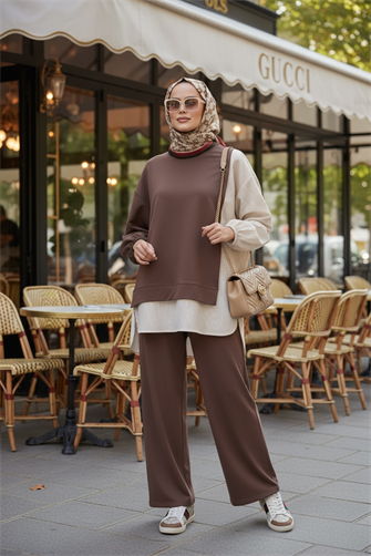 Line Gömlek Detaylı Tunikli İkili Takım | Cepli Bol Paça ve Tunikli  Kahve