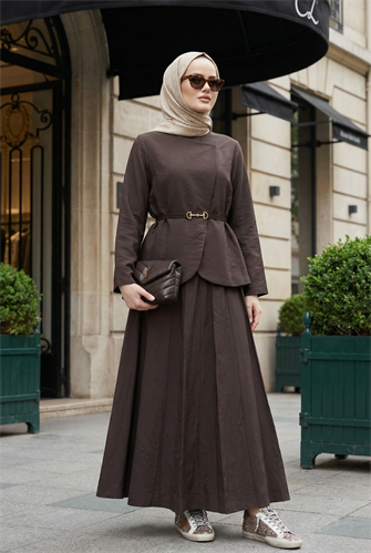 Kupra Kumaş Kemerli Ceket Etek Üçlü Takım – Acı Kahve