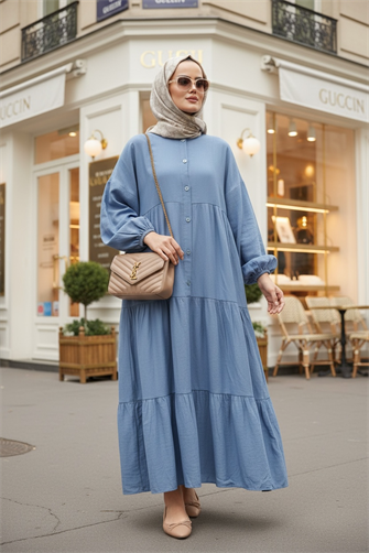 Çilek Kumaş Robalı Yazlık Elbise | Düğmeli ve Rahat Kesim  Mavi