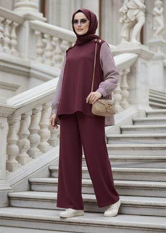 Maribel  İkili Takım – Çizgili Gömlek Detaylı Bordo 