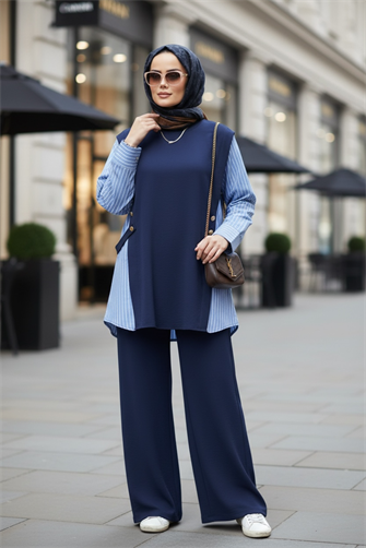 Liora Kadın Tesettür İkili Takım – Pamuklu İki İplik Gömlek Detaylı-Lacivert