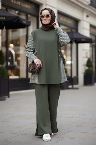 Liora Kadın Tesettür İkili Takım – Pamuklu İki İplik Gömlek Detaylı- Hakiyeşil