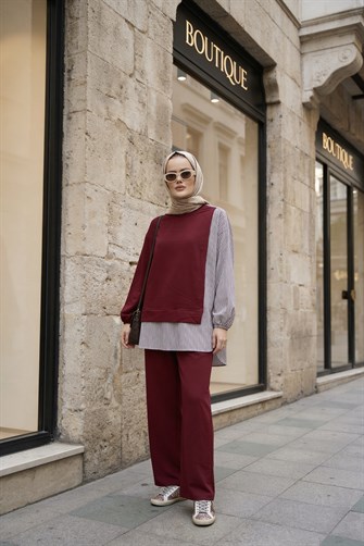 Kadın Tesettür Takım  Line İkili Gömlek Takım AçıkBordo
