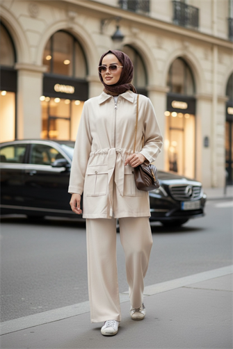 İthal Pamuklu Tensel Kumaş Fermuarlı Ceketli Liya Takım Bej