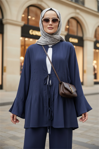 Rahat Ham Keten İkili Takım - Pileli Geniş Kol Tunik Takım