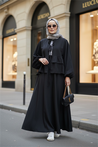 Modal Dokuma Kumaş Fırfırlı Bağçıklı Etekli İkili Takım Siyah