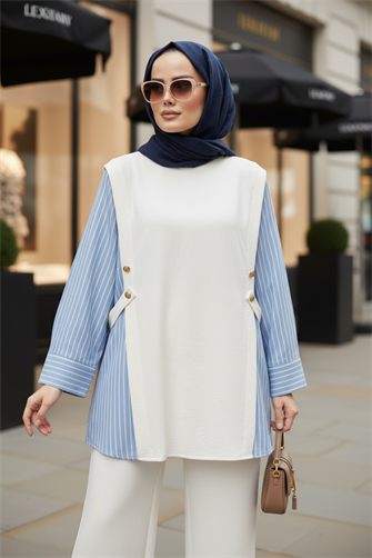 Liora Kadın Tesettür İkili Takım – Pamuklu İki İplik Gömlek Detaylı-Ekru