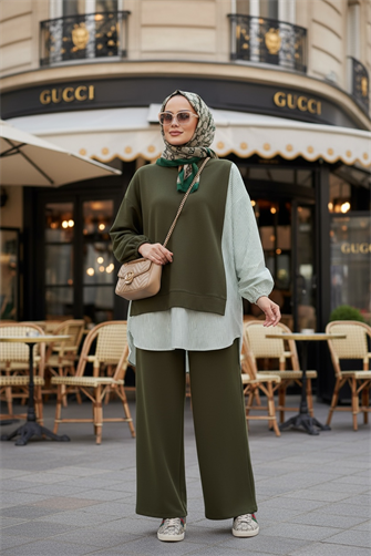 Line Gömlek Detaylı Tunikli İkili Takım | Cepli Bol Paça ve Tunikli  Yeşil