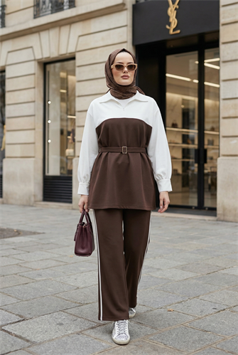 Avelin Kemer Detaylı Modal Kumaş Kadın Tesettür İkili Takım – Acıkahve