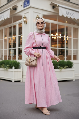 Fermuarlı Pamuklu Tesettür Elbise | Yazlık Günlük ve Özel Gün Elbisesi | Pembe
