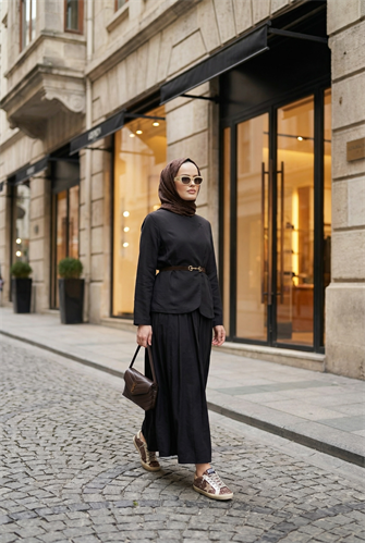 Kupra Kumaş Kemerli Ceket Etek Üçlü Takım – Siyah