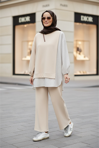 Kadın Tesettür Takım  Line İkili Gömlek Takım Vanilyarenk