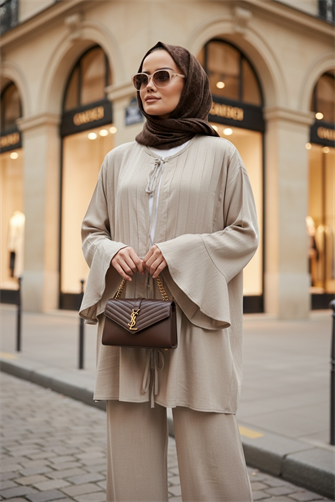 Rahat Ham Keten İkili Takım - Pileli Geniş Kol Tunik Takım Bej