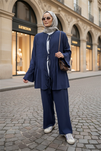 Rahat Ham Keten İkili Takım - Pileli Geniş Kol Tunik Takım