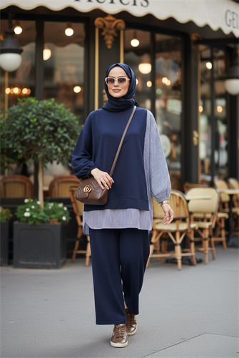 Line Gömlek Detaylı Tunikli İkili Takım | Cepli Bol Paça ve Tunikli Lacivert