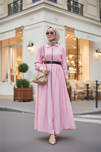 Fermuarlı Pamuklu Tesettür Elbise | Yazlık Günlük ve Özel Gün Elbisesi | Pembe