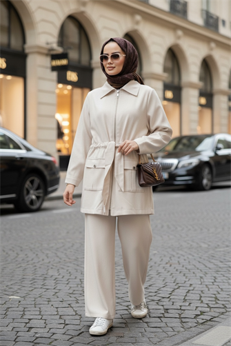 İthal Pamuklu Tensel Kumaş Fermuarlı Ceketli Liya Takım Bej