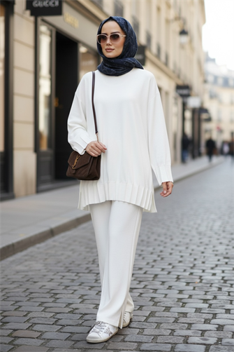 Alisa Pileli Premium Modal  Kumaş Tesettür İkili Takım – Ekru
