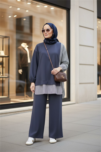 Kadın Tesettür Takım Line İkili Takım Gömlek Koyugri