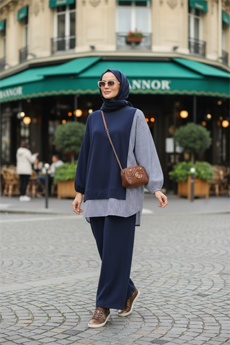 Line Gömlek Detaylı Tunikli İkili Takım | Cepli Bol Paça ve Tunikli Lacivert