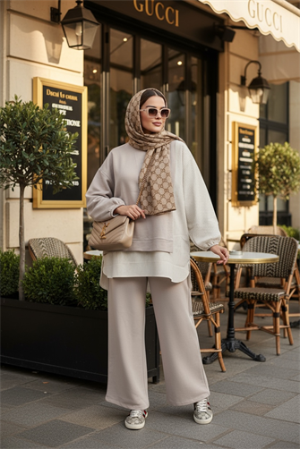 Line Gömlek Detaylı Tunikli İkili Takım | Cepli Bol Paça ve Tunikli  Bej