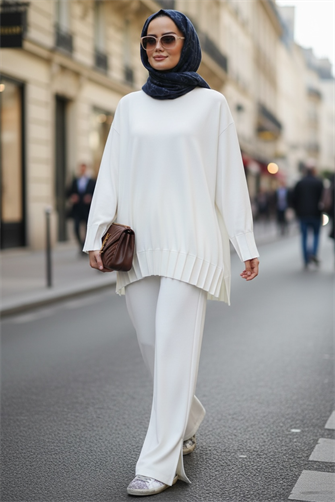 Alisa Pileli Premium Modal  Kumaş Tesettür İkili Takım – Ekru