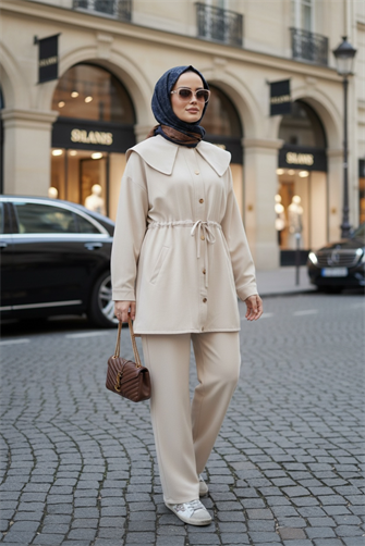 İthal Pamuklu Tensel Kumaş Fermuarlı Ceketli Apoletli Yakalı Takım Bej