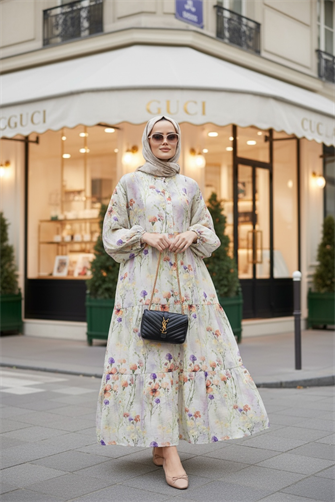 Pamuklu Çiçek Desenli Yazlık Robalı Elbise Bej