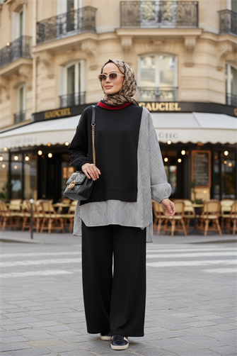 Line Gömlek Detaylı Tunikli İkili Takım | Cepli Bol Paça ve Tunikli  Siyah