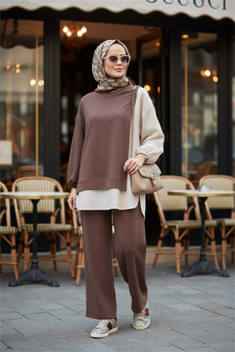 Line Gömlek Detaylı Tunikli İkili Takım | Cepli Bol Paça ve Tunikli  Kahve