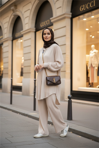 بدلة ساتان مطوية من الساتان بيج