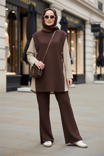 Liora Kadın Tesettür İkili Takım – Pamuklu İki İplik Gömlek Detaylı- Kahve