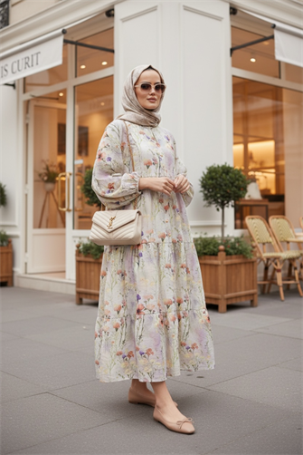 Pamuklu Çiçek Desenli Yazlık Robalı Elbise Bej