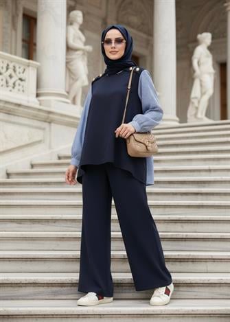 Maribel  İkili Takım – Çizgili Gömlek Detaylı Lacivert