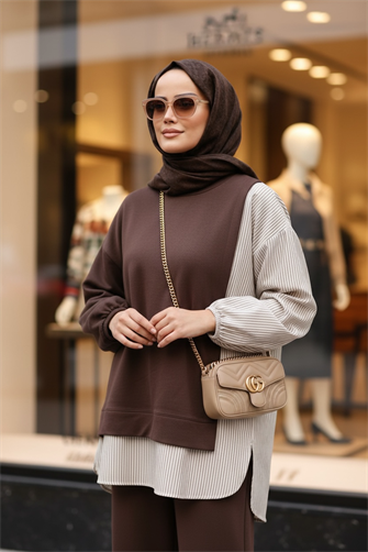 Kadın Tesettür Takım Line İkili Takım Gömlek  KoyuKahve