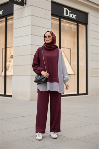 Kadın Tesettür Takım Line İkili Gömlek Takım KoyuBordo