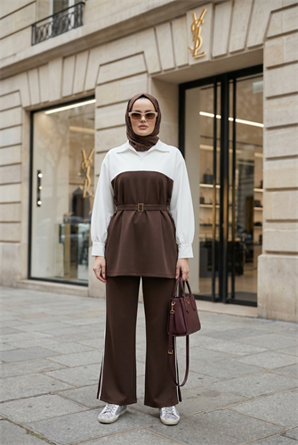 Avelin Kemer Detaylı Modal Kumaş Kadın Tesettür İkili Takım – Acıkahve