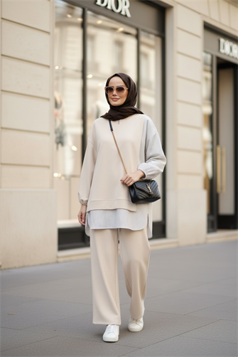 Kadın Tesettür Takım  Line İkili Gömlek Takım Vanilyarenk