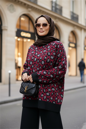 Leopar  Desenli Triko Takım Bordo