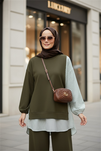 طقم قميص خطي مفصل أخضر مزدوج