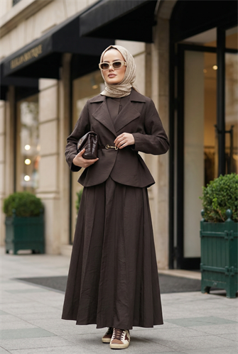 Kupra Kumaş Kemerli Ceket Etek Üçlü Takım – Acı Kahve