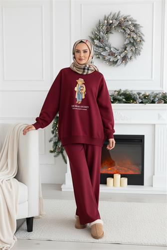 The Bear Society Özel Koleksiyon İkili Takım | Pamuklu Esnek Kumaş Bordo