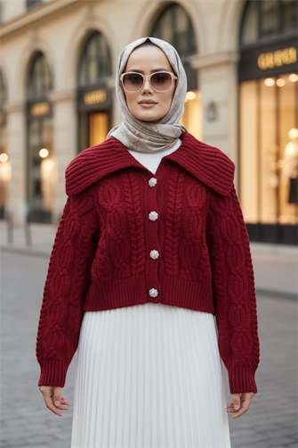 كارديغان محبوك بأزرار محبوك بأزرار مكتنزة كارديغان بورجوندي