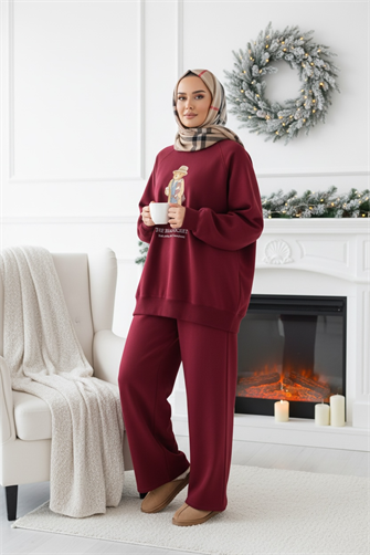 The Bear Society Özel Koleksiyon İkili Takım | Pamuklu Esnek Kumaş Bordo