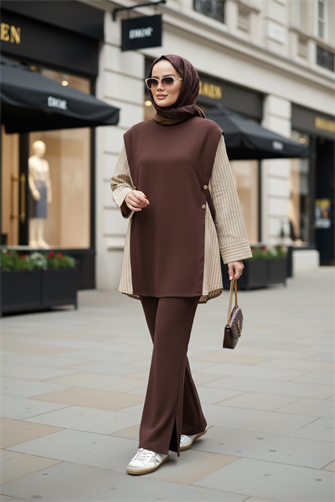 Liora Kadın Tesettür İkili Takım – Pamuklu İki İplik Gömlek Detaylı- Kahve